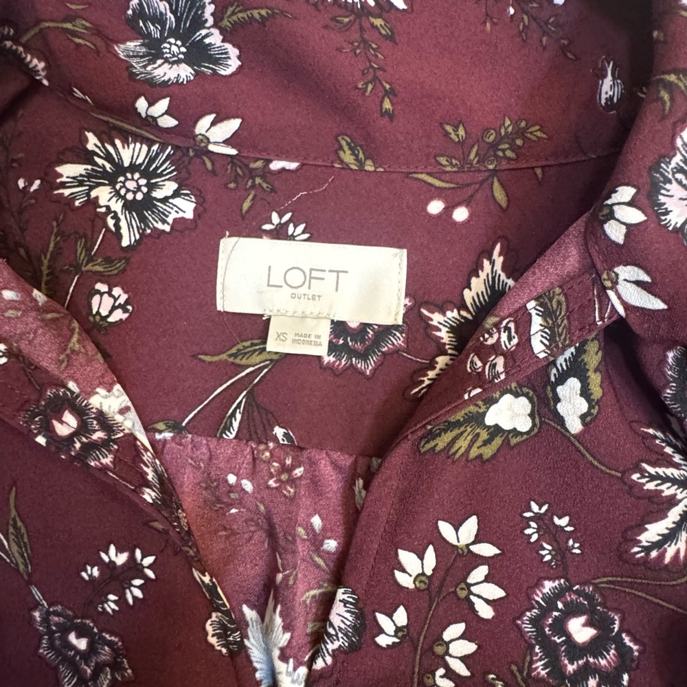 LOFT Floral Tie Neck Mini Dress XS Burgundy Long Sleeve - Picture 7 of 7
